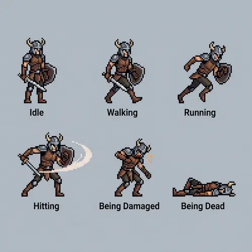 Pixel-Art Medieval Warrior Character in Leather Armor Poses