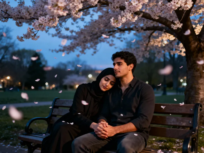 Romantic Cherry Blossom Moment on a Park Bench