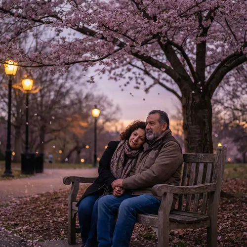 Romantic Cherry Blossom Moment on a Park Bench
