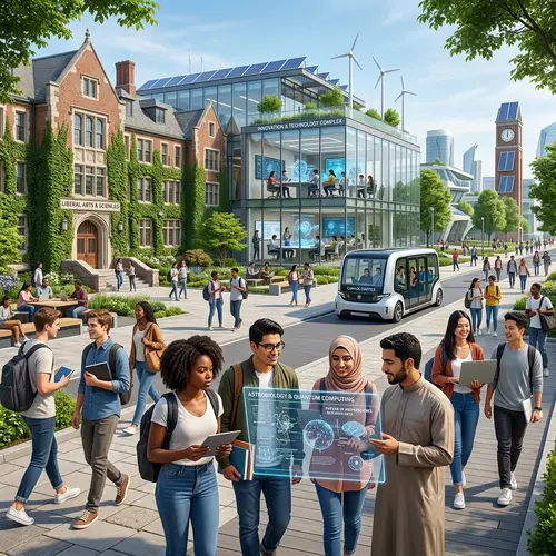 Futuristic University with Diverse Students and Innovative Technology