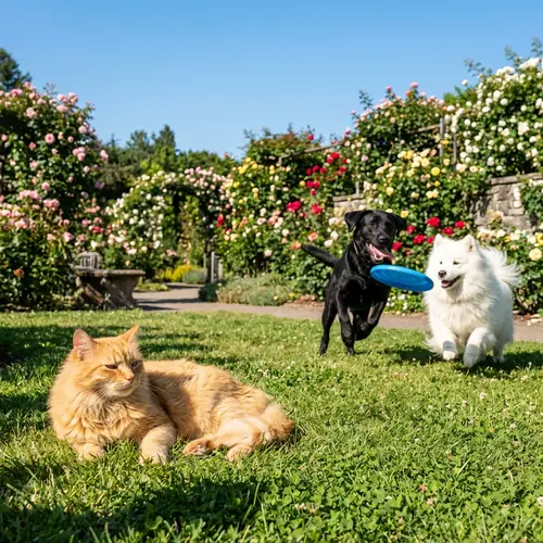 Tranquil Outdoor Scene with Ginger Cat and Playful Dogs