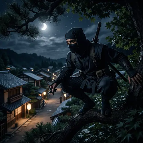 South Asian Male Ninja Stealthy Maneuver on Moonlit Night