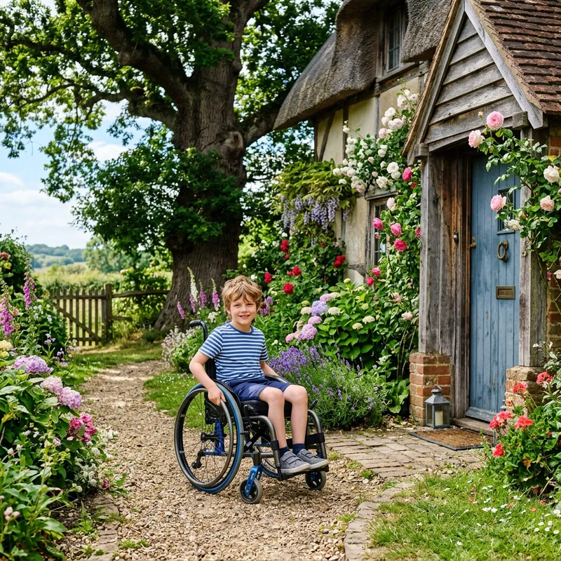 Young Boy Michael Smiling in Wheelchair at Cozy Cottage Young Boy Michael Smiling in Wheelchair at Cozy Cottage