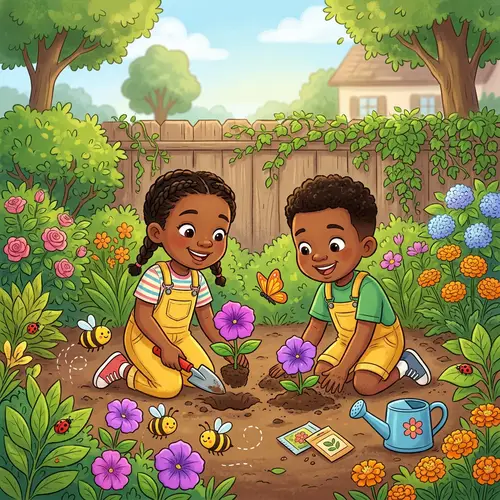 Youthful African Boy and Girl Planting Purple Flowers in Lush Garden