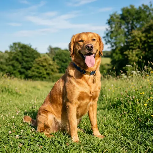 Happy Medium-sized Dog with Golden-Brown Coat and Playful Expression