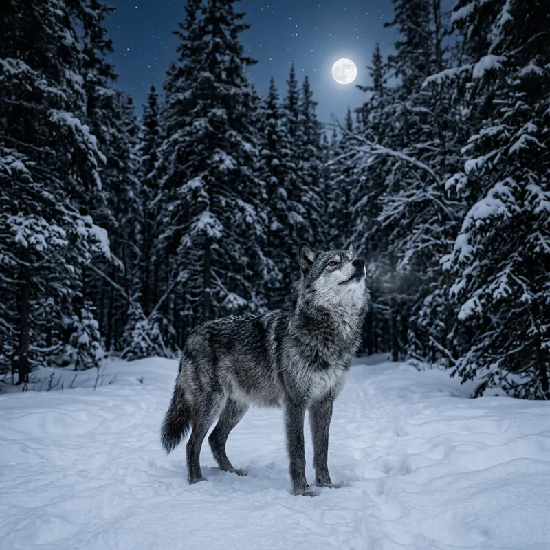 Lone Wolf in Snowy Forest - Night Serenity