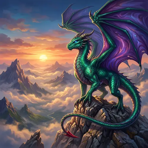 Majestic Dragon - Emerald Green Scales, Violet Wings