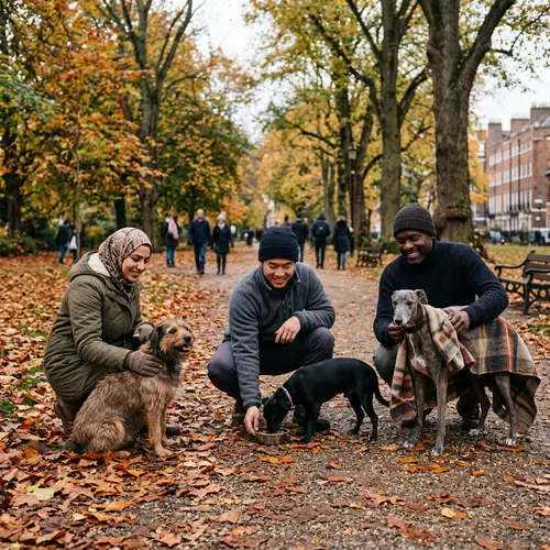 Kindness to Homeless Dogs in City Park - Diverse Individuals Showing Compassion