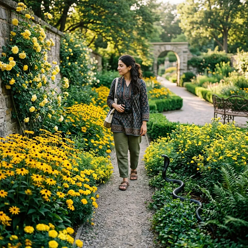 Bikini Beauty in a Lush Garden with a Cobra