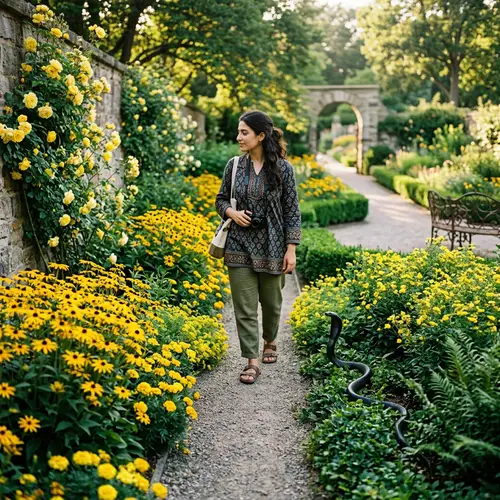 Bikini Beauty in a Lush Garden with a Cobra