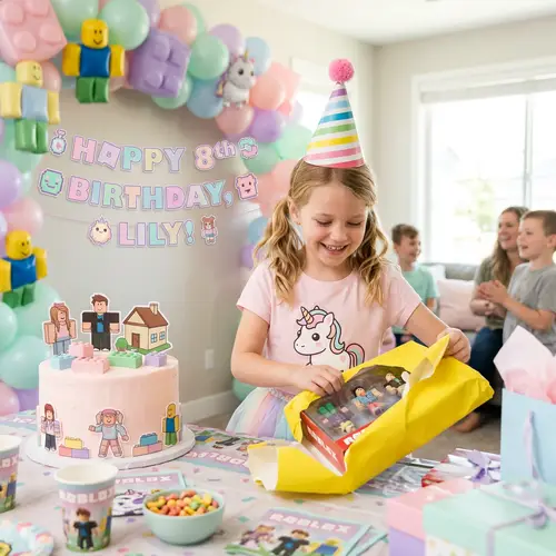 Blonde 8-Year-Old Caucasian Girl's Kawaii Roblox Birthday Party