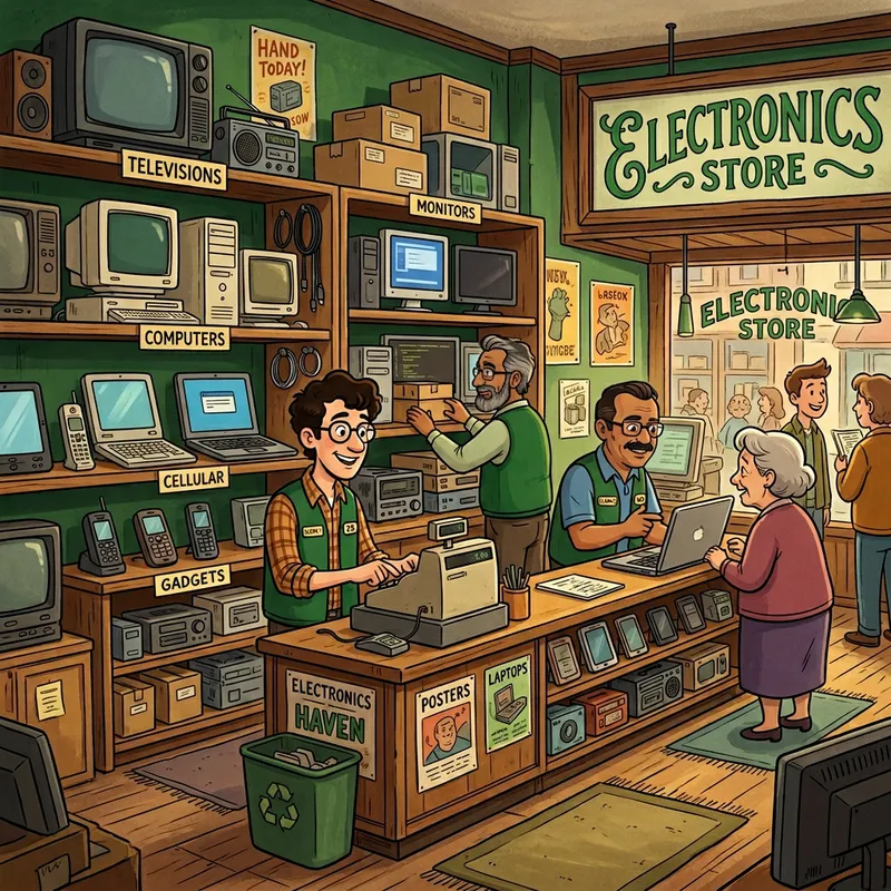 Electronics Store with Three Glasses-Wearing Clerks & Green Theme