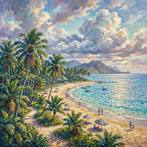 Vibrant Beach Landscape with Neo-Impressionist Palm Trees
