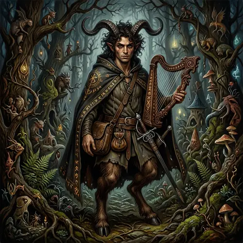 Mysterious Satyr with Magical Harp in Enchanted Forest