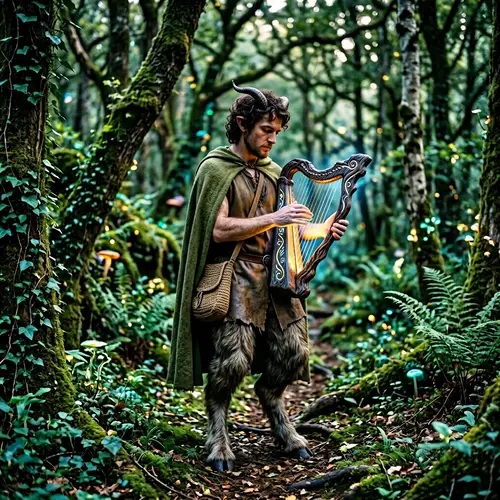 Musical Satyr with Luminescent Harp in a Small Forest