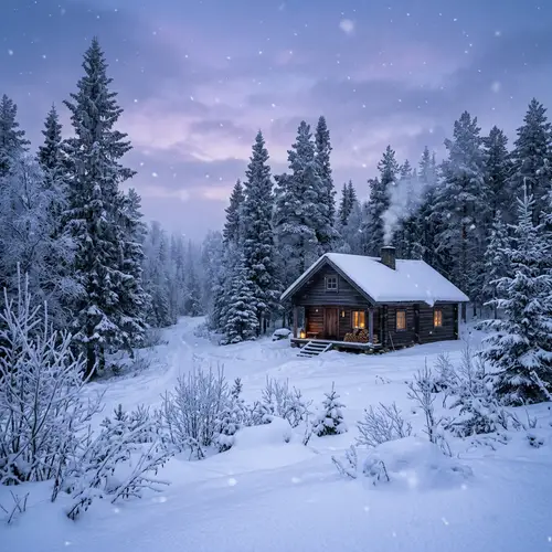 Tranquil Winter Landscape with Cozy Wooden Cabin - Snow Scene