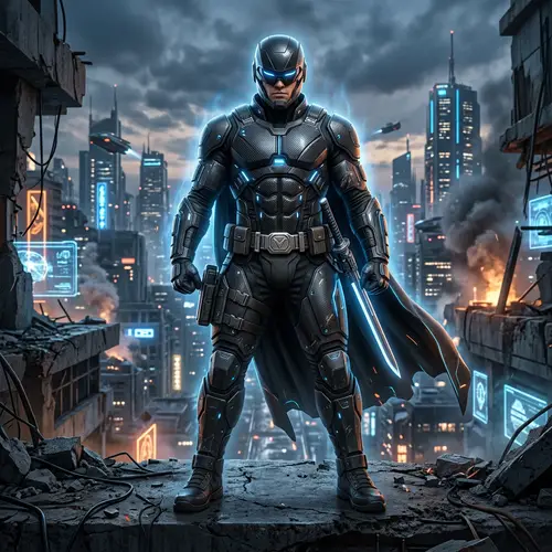 Sleek Armored Hero in Dark Futuristic Suit | Defiant Pose