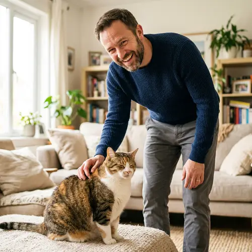 Joyful Man with Overweight Pet Cat | Bright Interior Scene