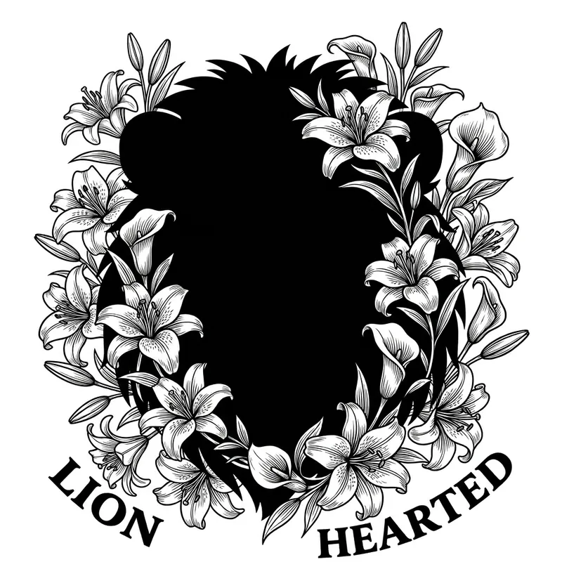 Lion Silhouette on White with Lily Flowers