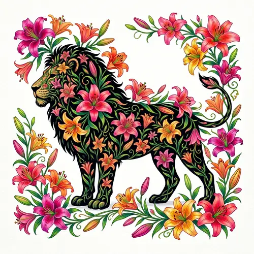 Majestic Lion Silhouette with Vibrant Lily Flowers