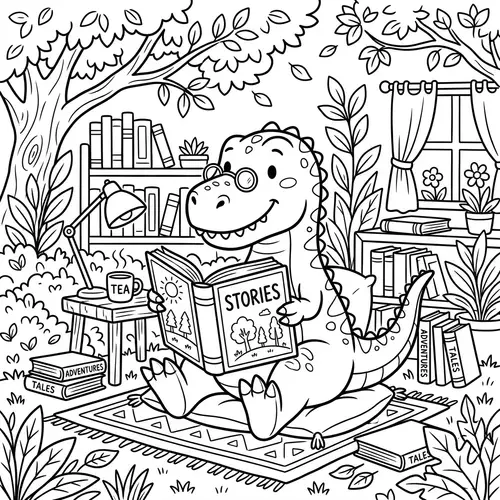 Coloring Page of a Reading Dinosaur