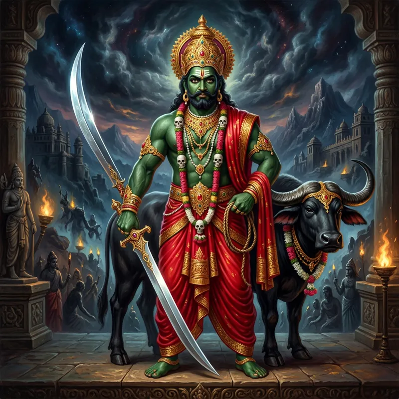 Yamraj: Green-Skinned Figure in Red with a Sword - Mythology Yamraj: Green-Skinned Figure in Red with a Sword - Mythology