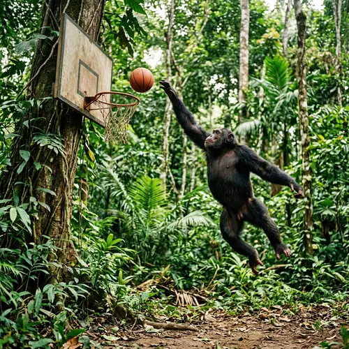 Chimpanzee Playing Basketball in Lush Jungle | Exciting Scene