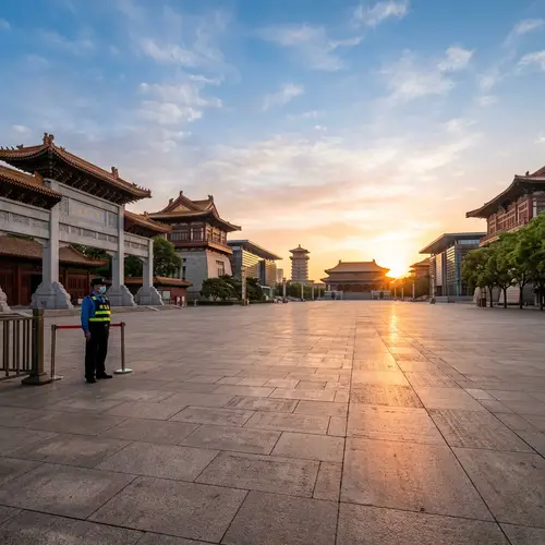 Modern Chinese Architecture at Sunrise in Empty City Square