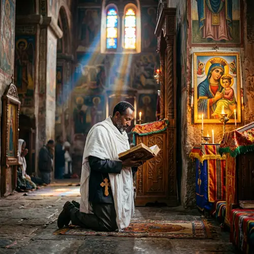Ethiopian Orthodox Church Scene: Man in Prayer with Holy Virgin Mary Image
