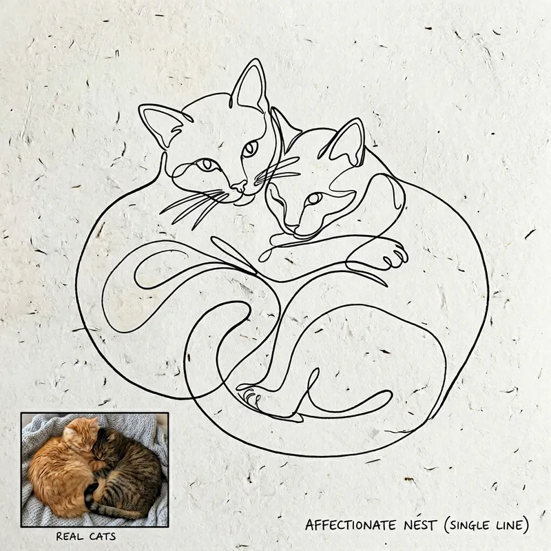 Unbroken Line Drawing of Two Cuddling Cats with Reference to Real Models