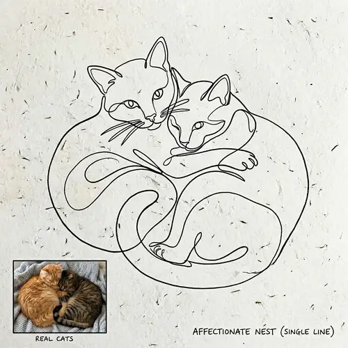 Continuous Line Drawing of Two Affectionate Cats