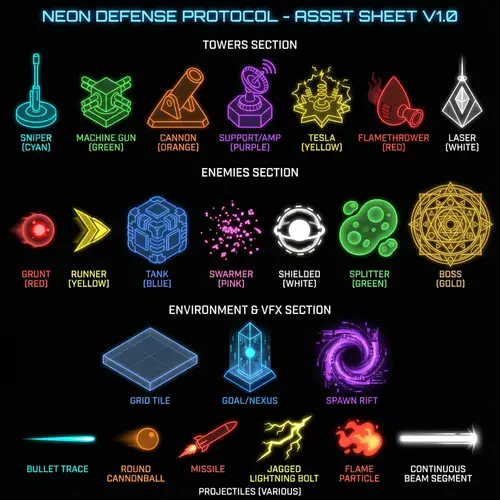 Minimalist Sci-Fi Tower Defense Game Sprite Sheet