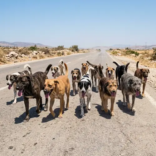 Pack of Wild Dogs Walking Down Hot Road