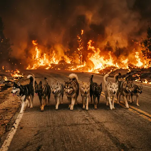 Majestic Wolf Dogs Walking on Hot Road with Fiery Background