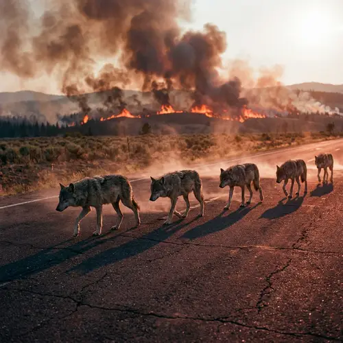 Rugged Wolves Striding on Scorching Road | Fiery Backdrop