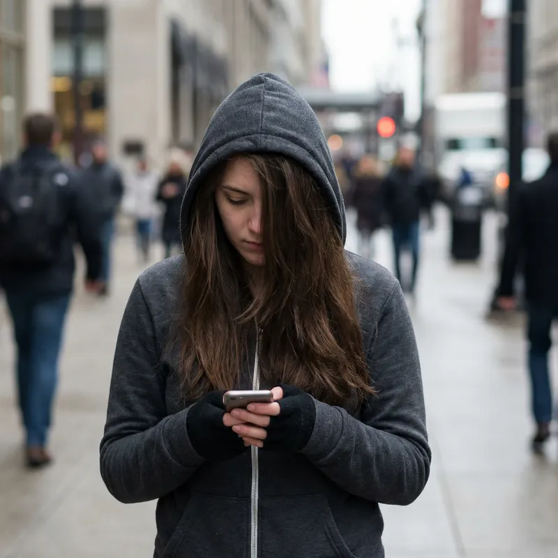 Young Woman with Hoodie and Hair Looking at Phone