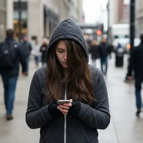 Young Caucasian Woman with Hoodie Up Looking at Phone