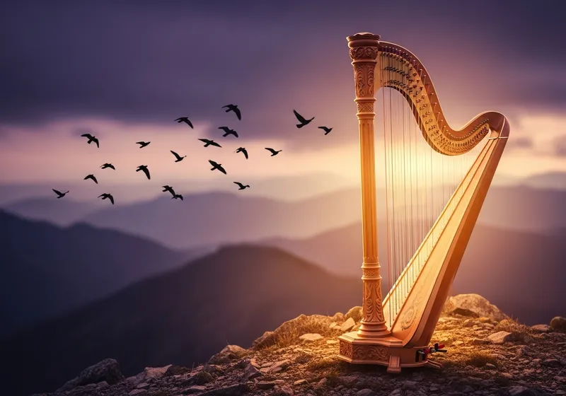 Majestic Wooden Harp on Mountain Top