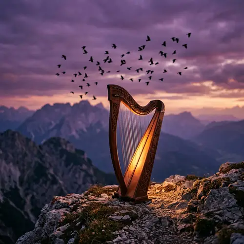 Majestic Wooden Harp on Mountain Top