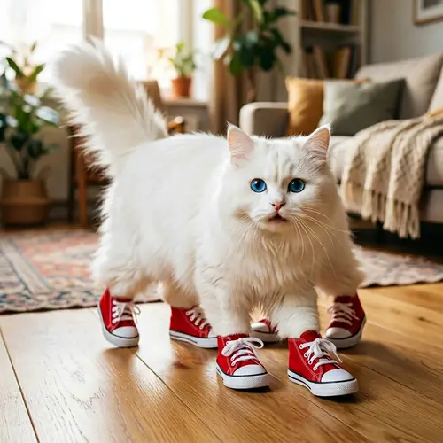 Adorable Fluffy Cat with Tiny Red Shoes - Cute Domestic Feline Image