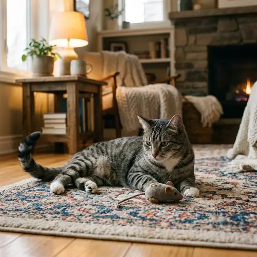 Grey and Black Striped Domestic Cat Relaxing on Rug