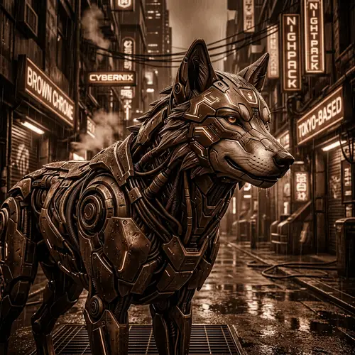 Cyberpunk Style Wolf with Subtle Smile in Brown Shades