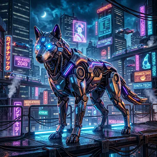 Cyberpunk-Inspired Mechanical Wolf with Neon Lights
