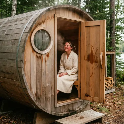 Barrel Sauna Experience: Woman Enjoying Nature Retreat