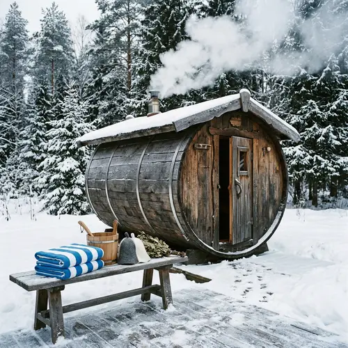 Traditional Russian Banya Barrel - Winter Scenery