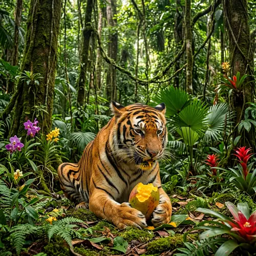 Vibrant Tiger Eating Mango in Tropical Jungle