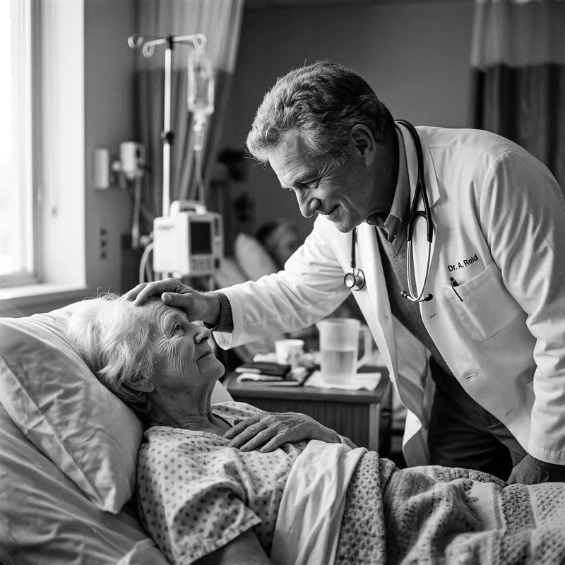 Compassionate Doctor Touching Patient Affectionately in Vintage Black and White
