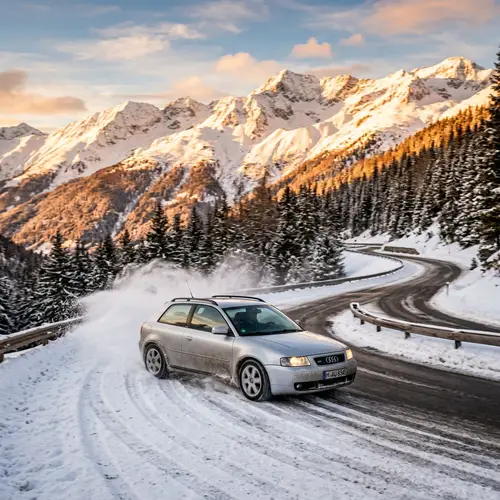 Silver Audi S3 8L in Motion on Snowy Mountain Road