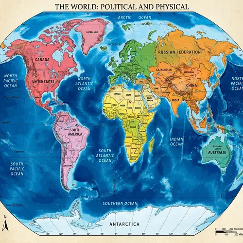 Colorful World Map with Detailed Continents and Oceans