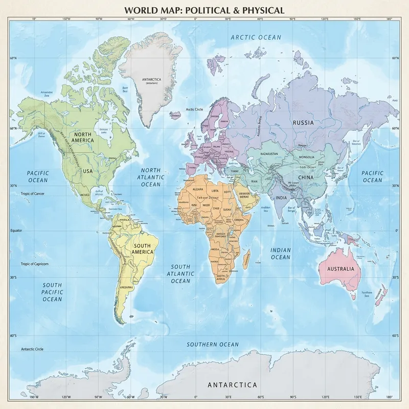 Detailed World Map with Continents and Countries